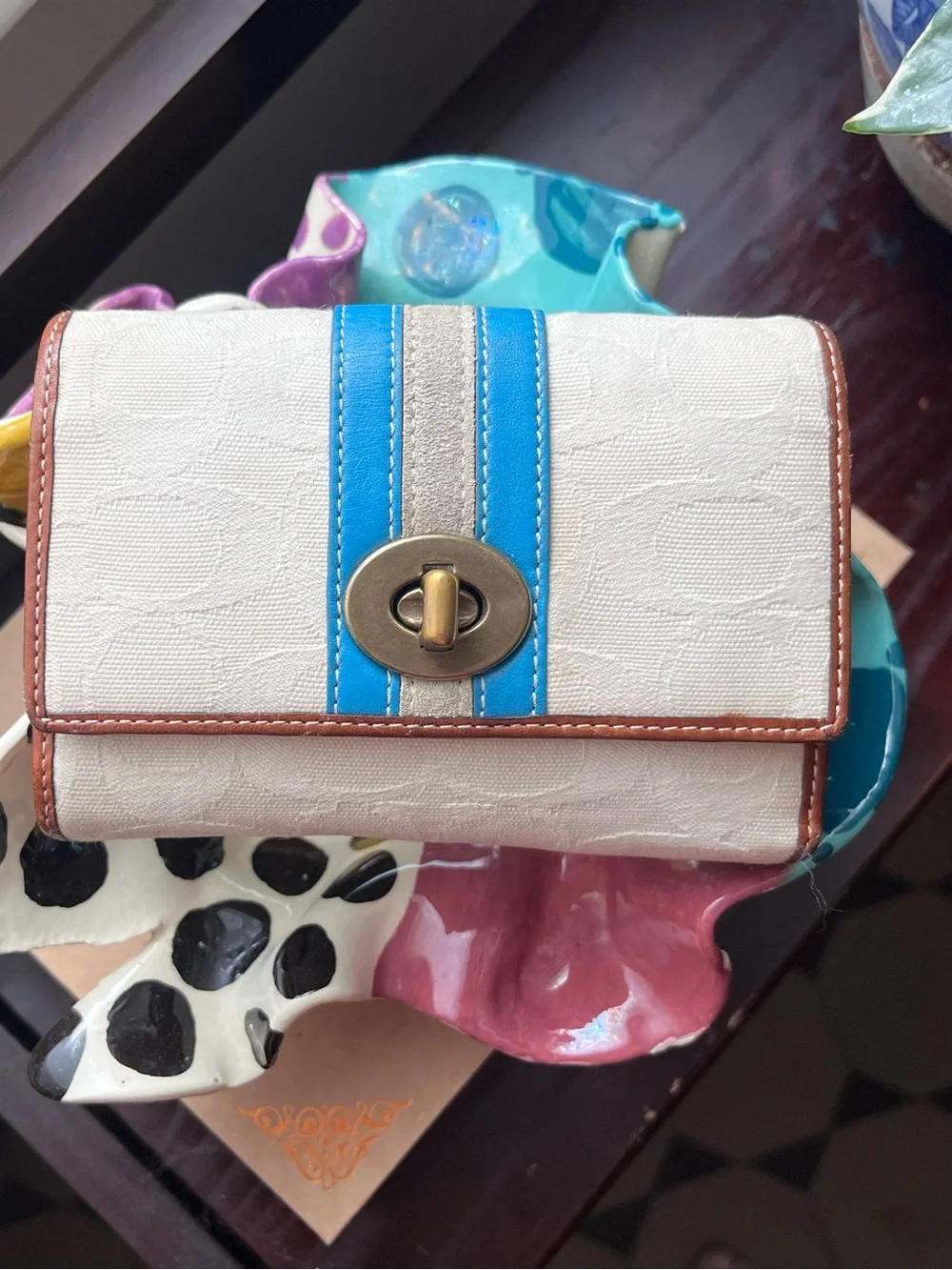 Vintage Coach Cream Wallet with Blue Stripe Accent and Leather Trimming